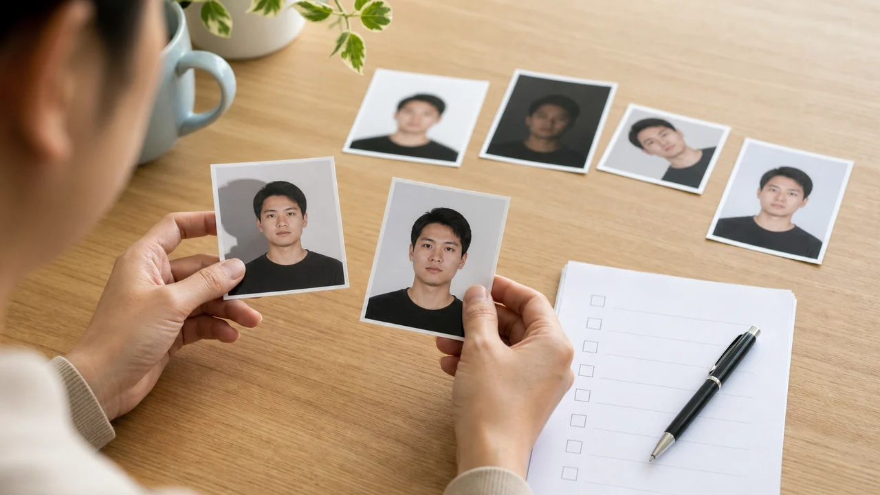 Escena de escritorio con varias impresiones de foto de identidad en revisión por sombras, desenfoque, inclinación y problemas de fondo