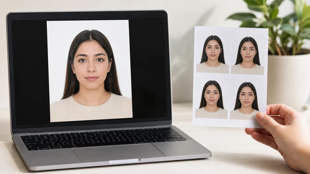 Portátil o teléfono con foto de identidad digital junto a una hoja de fotos de identidad impresa sobre un escritorio limpio