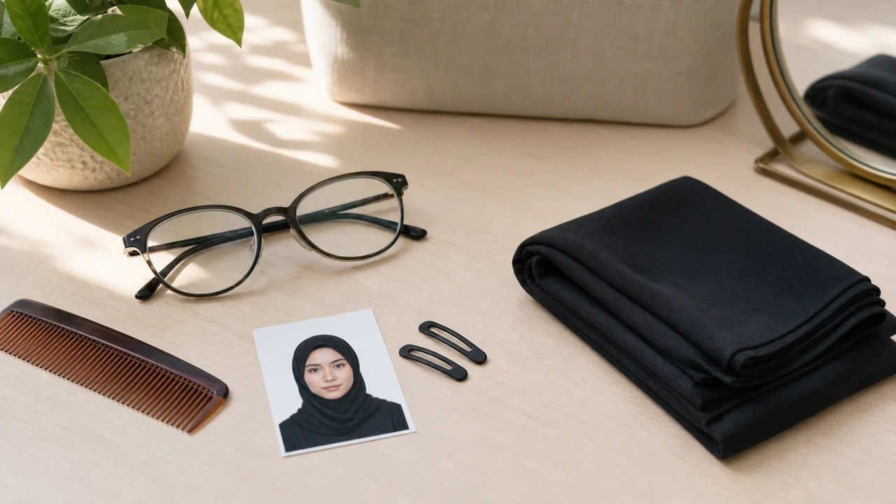 Gafas, pinzas para el pelo, prenda para la cabeza doblada e impresión de foto de identidad sobre un escritorio neutro