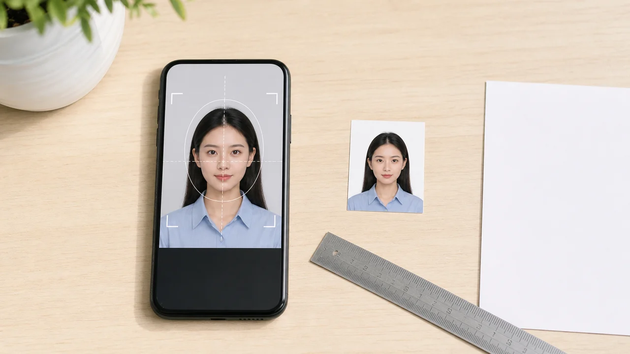 Teléfono, regla e impresión de foto de identidad dispuestos para comprobar el recorte de una foto de Canada visa de 35 x 45 mm