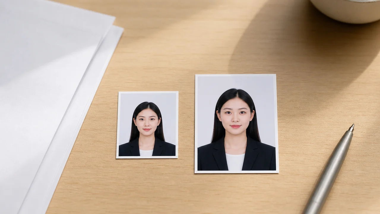 Dos impresiones de foto de identidad de proporciones distintas junto a papeles de solicitud neutros sobre un escritorio