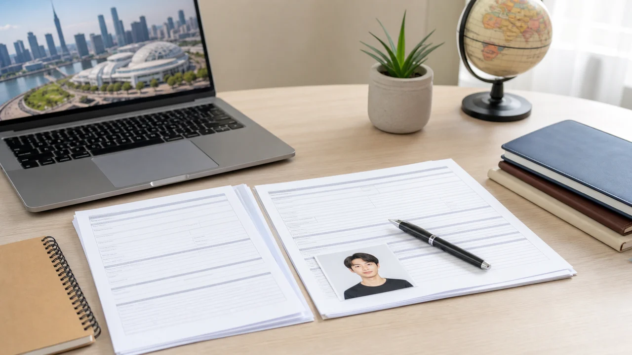 Escritorio con portátil, papeles de solicitud de permiso, bolígrafo e impresión de foto de identidad para la preparación de Study y Work Permit en Canadá