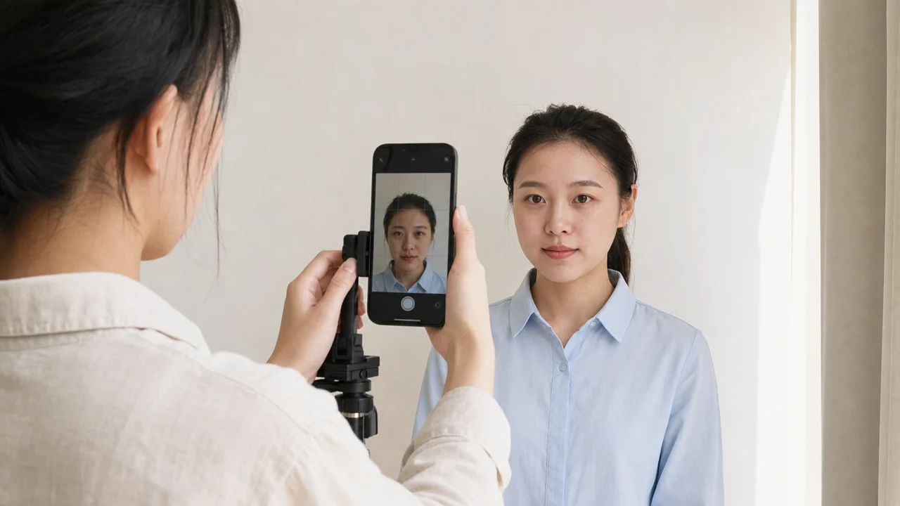Preparación de foto de identidad con teléfono frente a una pared clara y lisa con luz natural suave