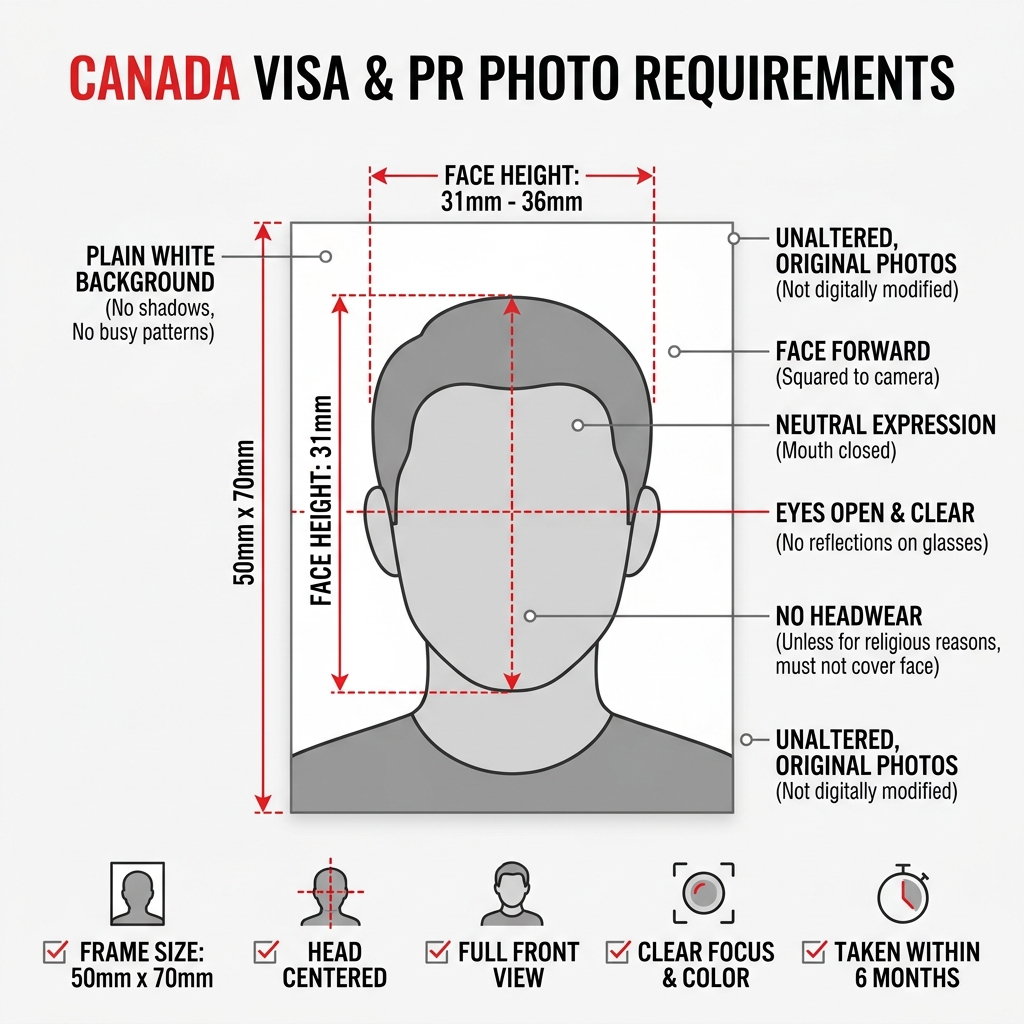 Face height chin to crown, eye line placement, layout margins illustration for Canada Visa and PR Card