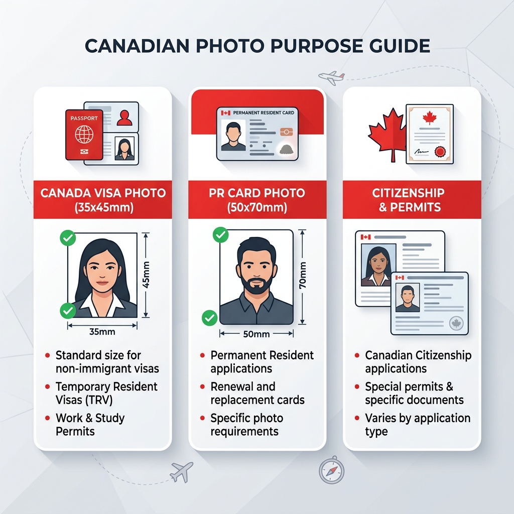 Visual difference between Canada Visa 35x45mm and PR Card 50x70mm photo specifications
