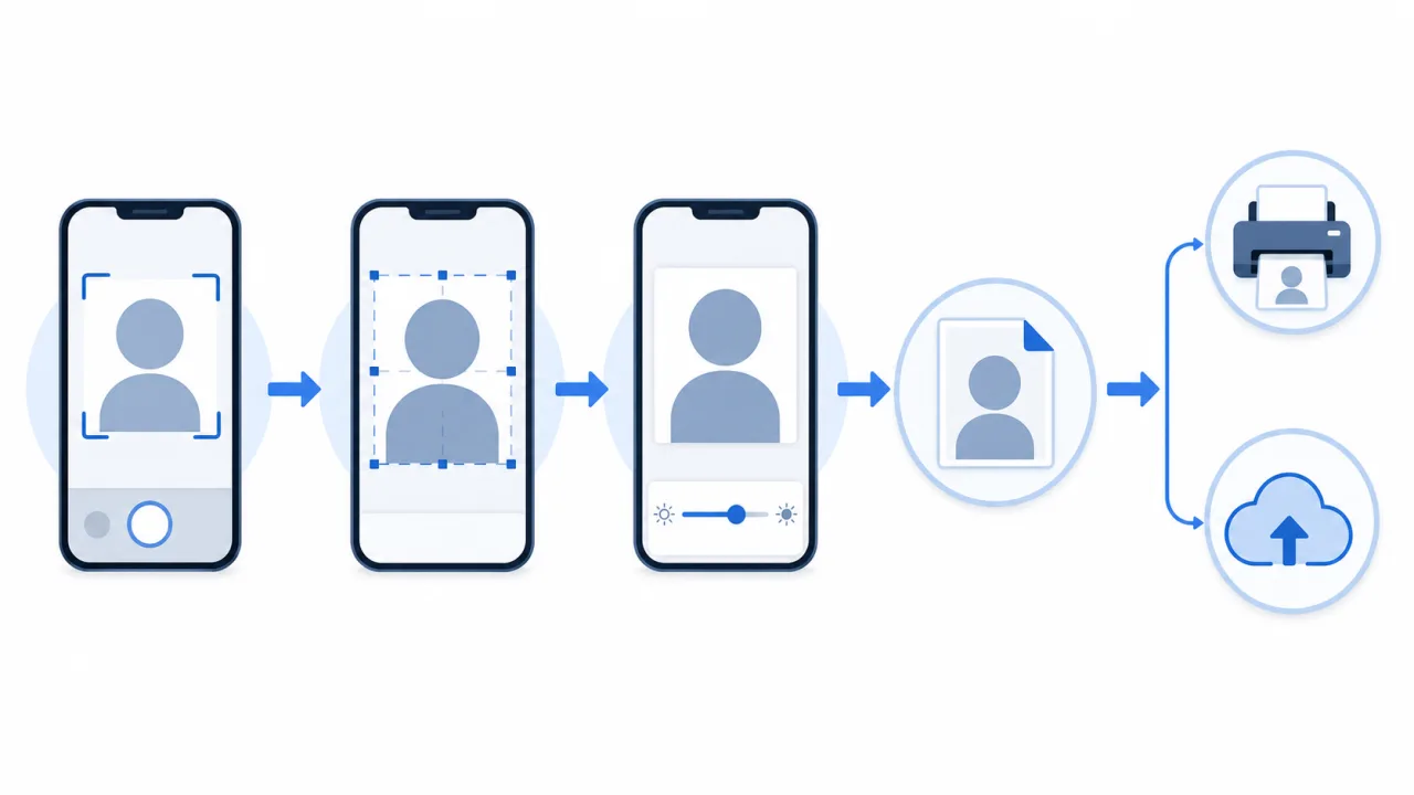 スマホ撮影、調整、保存、印刷またはオンライン提出までの流れを示す図