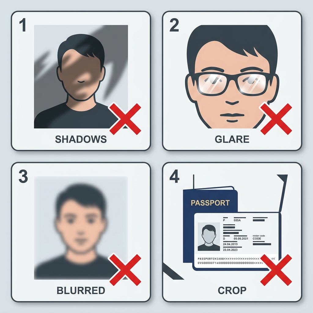 Illustrations of common mistakes: shadows, glare, blur, and incorrect cropping