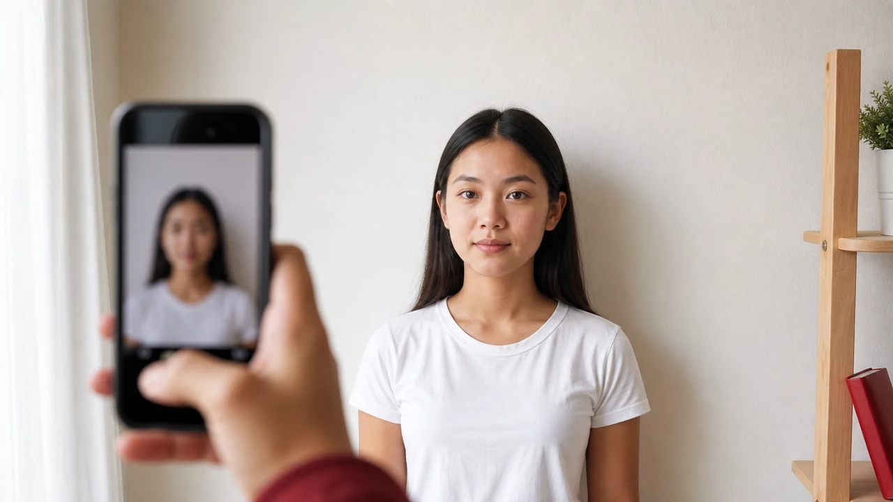Taking a front-facing Indonesia eVisa photo with an iPhone against a plain background