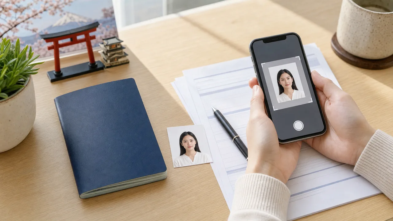 Foto de rostro Japan eVISA preparada en un iPhone con documentos de pasaporte