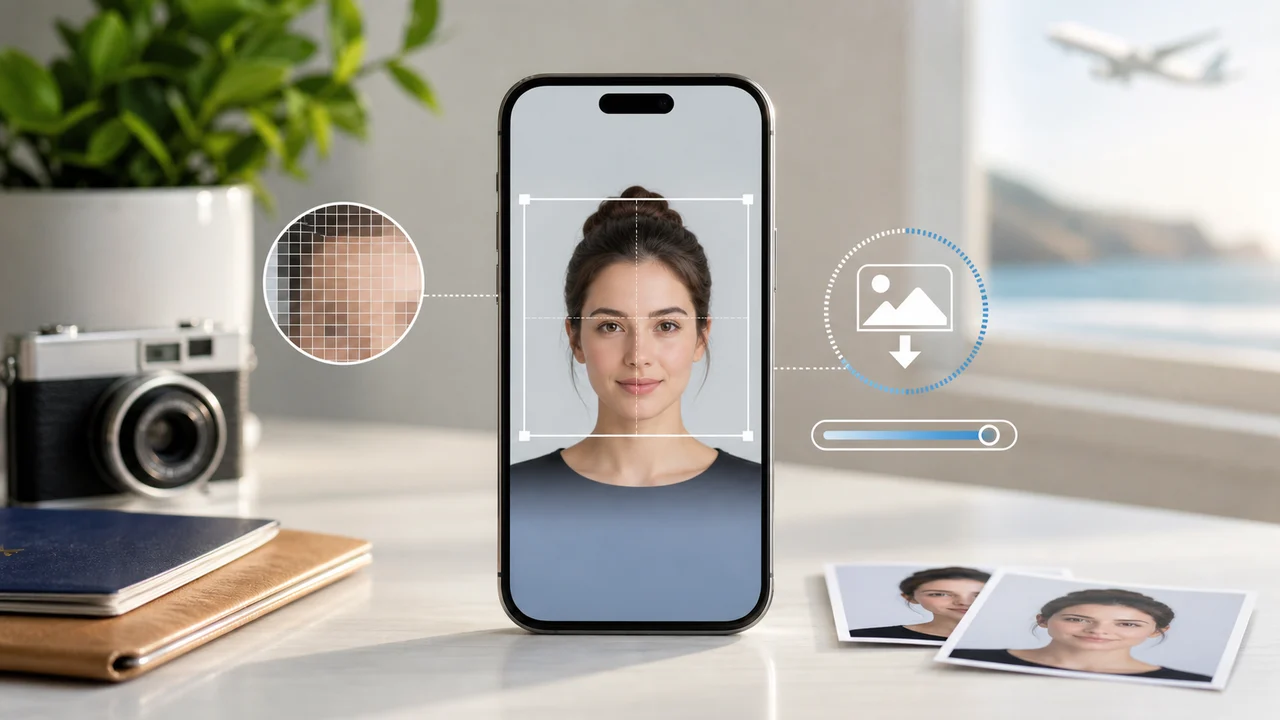 K-ETA digital photo size guide with smartphone square crop and compression icons