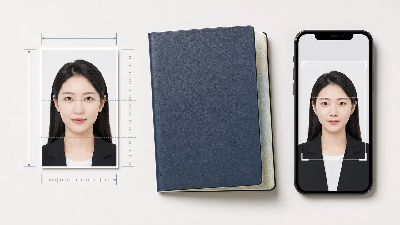 Korea visa 35 x 45 mm vertical photo with passport and measurement guide