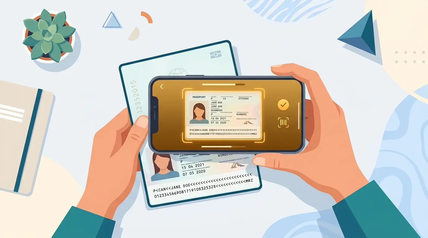 スマートフォンでパスポートのBio Pageをスキャンし、反射や影を防ぐ様子