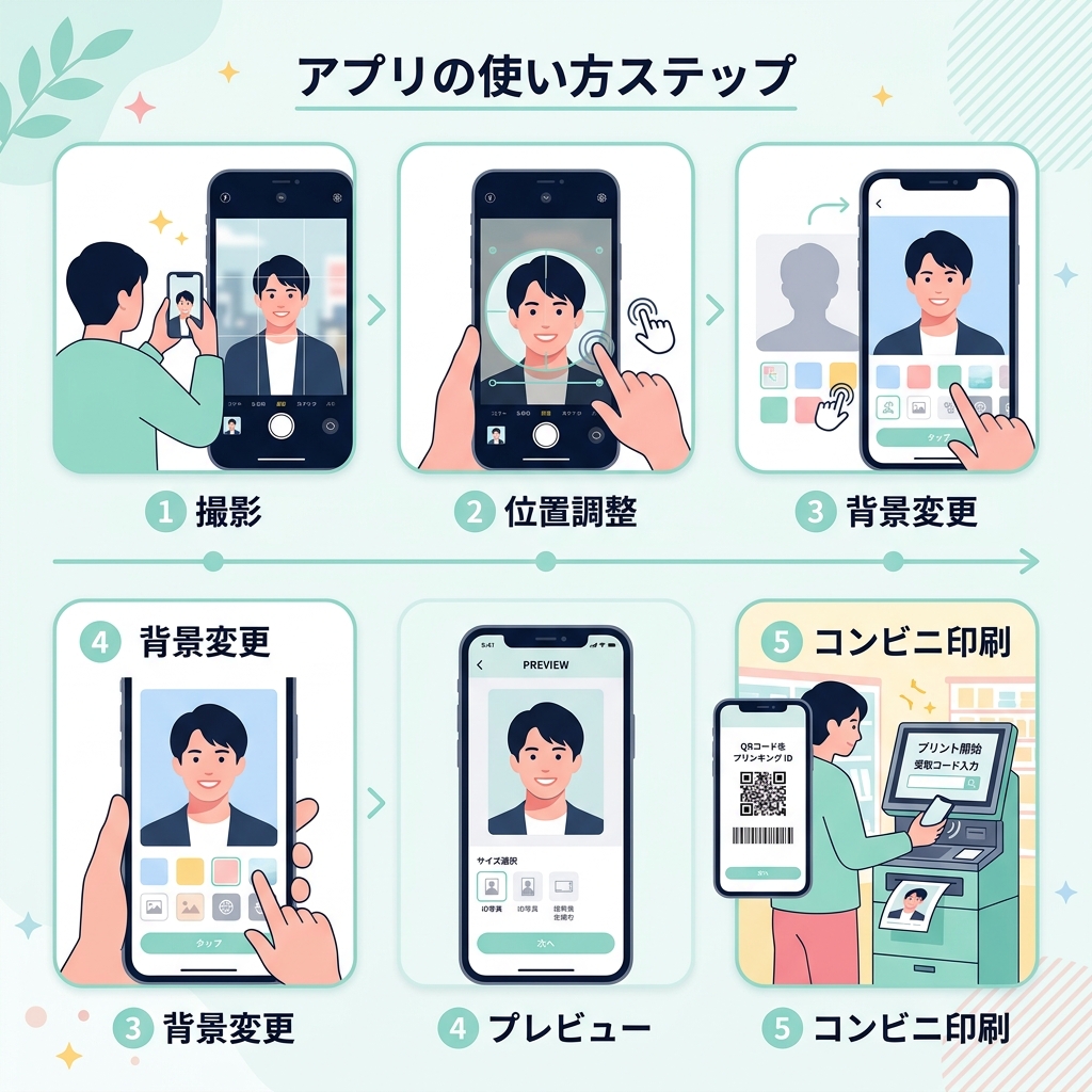 「かんたん運転免許写真」の操作フロー（撮影、顔位置ガイド調整、背景確認、保存前プレビュー、印刷用データ出力）