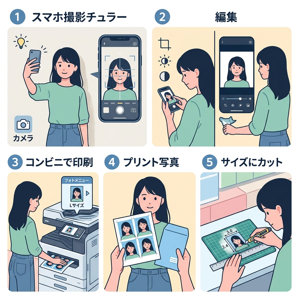 スマホからコンビニのマルチコピー機でL判印刷し、ハサミやカッターで実寸に切り出すまでの流れ