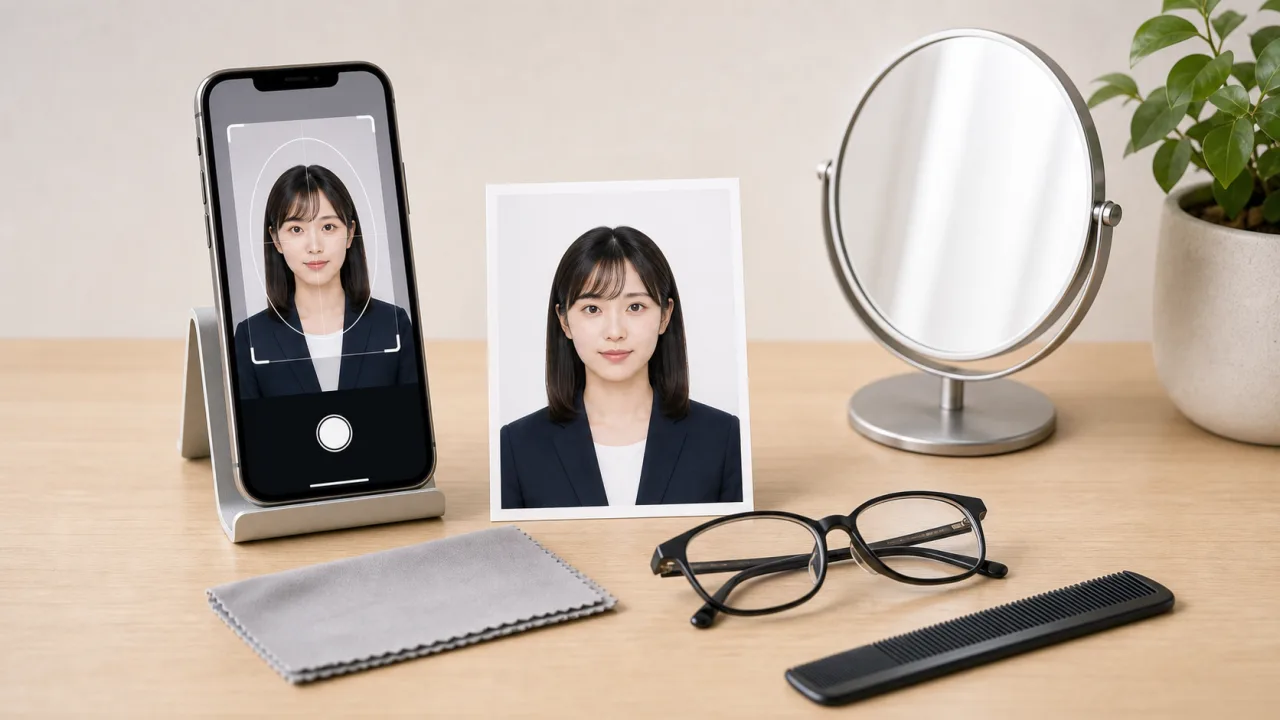 免許証写真でメガネの反射、前髪、目元の見え方をスマホプレビューで確認する様子
