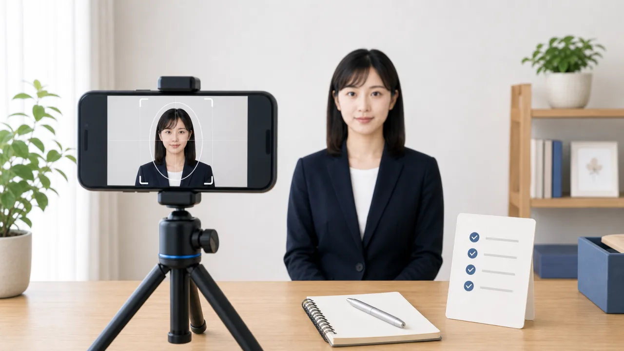 運転免許証写真をスマホで撮る時の顔の高さ、上三分身、無背景を確認する撮影準備の様子