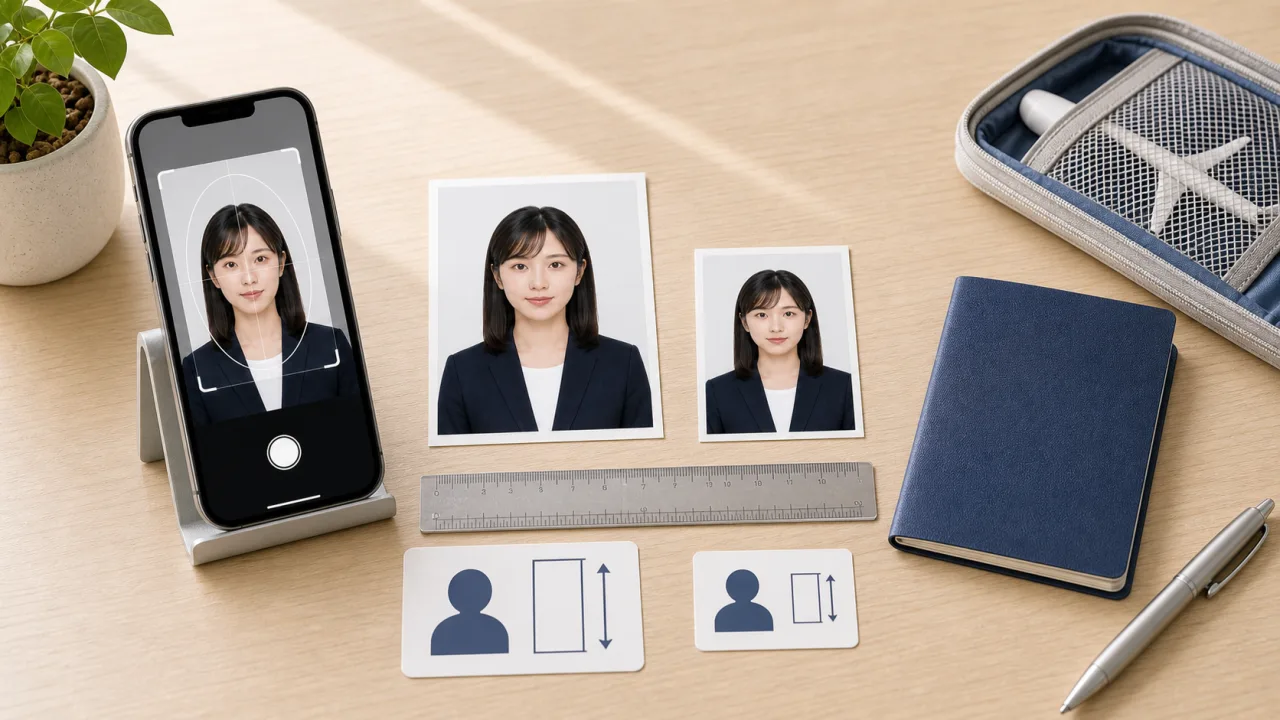 国外運転免許証用写真と通常の運転免許証写真のサイズ違いを定規とプリントで確認する様子
