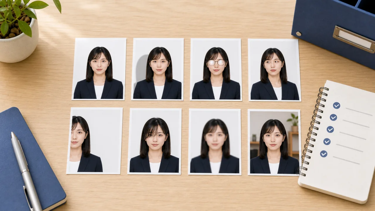 運転免許証写真のNG例として影、顔の傾き、メガネ反射、前髪を比較確認する様子