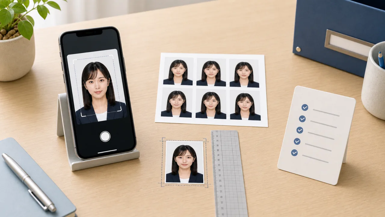 運転免許証写真サイズの3.0cm×2.4cm、顔位置、印刷後の実寸をスマホと定規で確認する様子