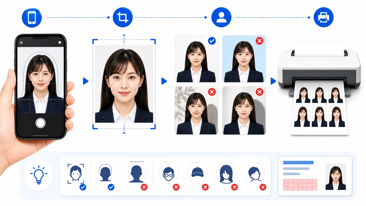 運転免許証写真のサイズ、持参写真、背景、スマホ撮影、印刷を確認するガイド図
