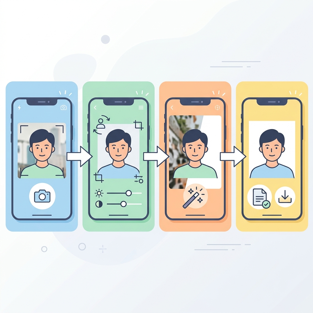スマホでのマイナンバーカード写真作成ステップ（撮影から調整、背景処理、保存まで）