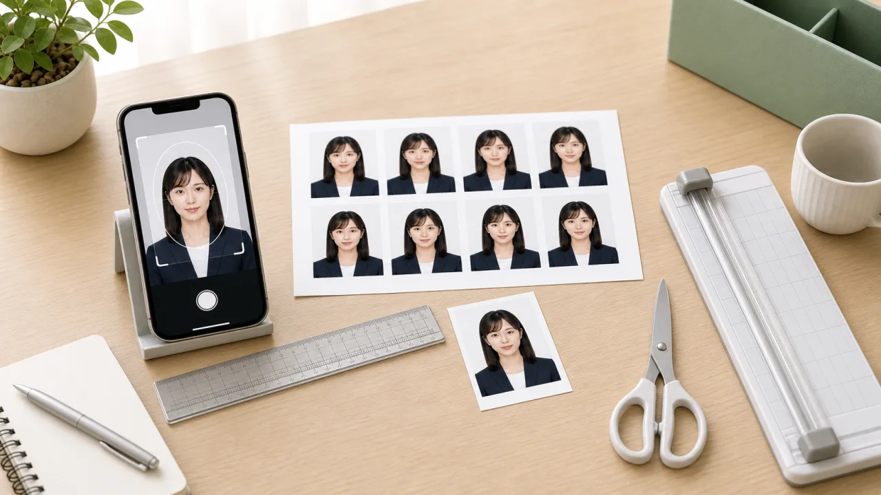 マイナンバーカード写真をコンビニ印刷し45×35mmで切り出す前に確認する様子