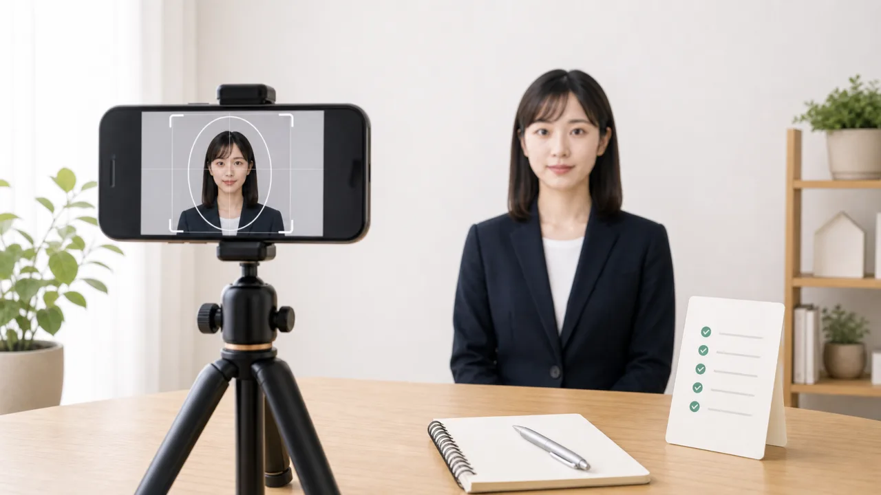 マイナンバー写真をスマホで撮る時のカメラ高さ、距離、白背景を確認する撮影準備の様子