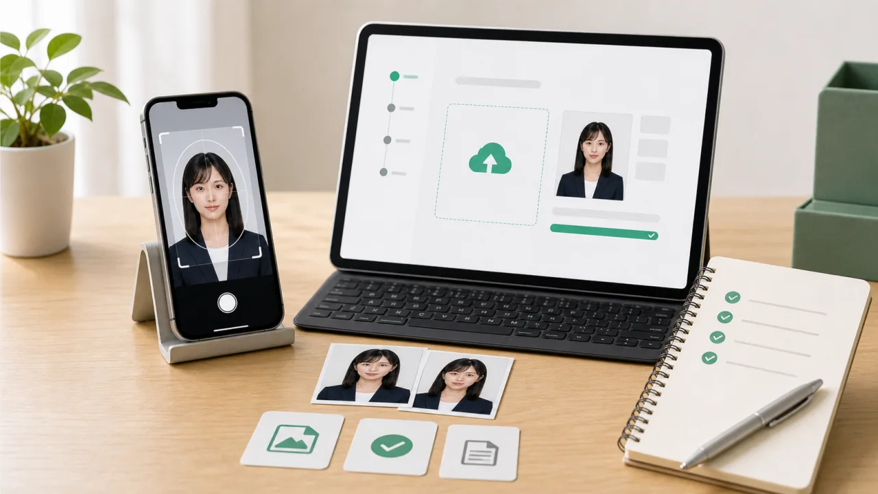マイナンバーカードオンライン申請用JPEG/JPG写真の保存形式とアップロード準備を確認する様子