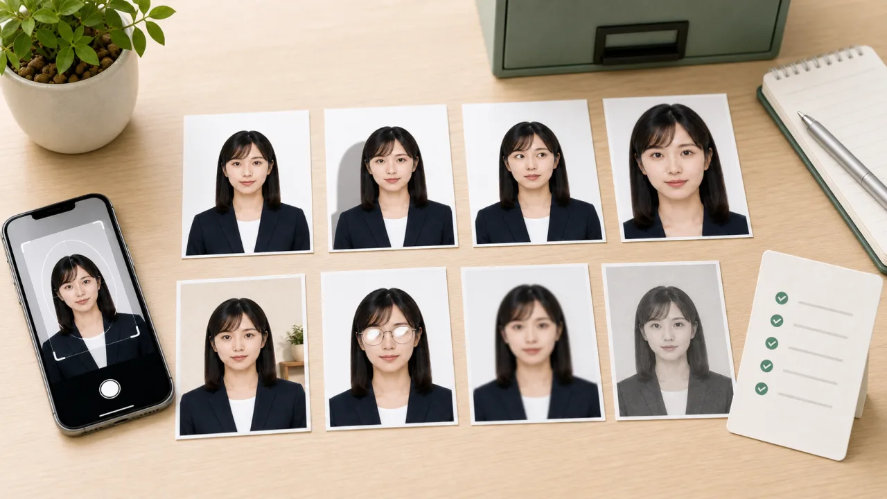 マイナンバーカード写真のNG例として影、背景、顔位置、眼鏡反射を比較確認する様子