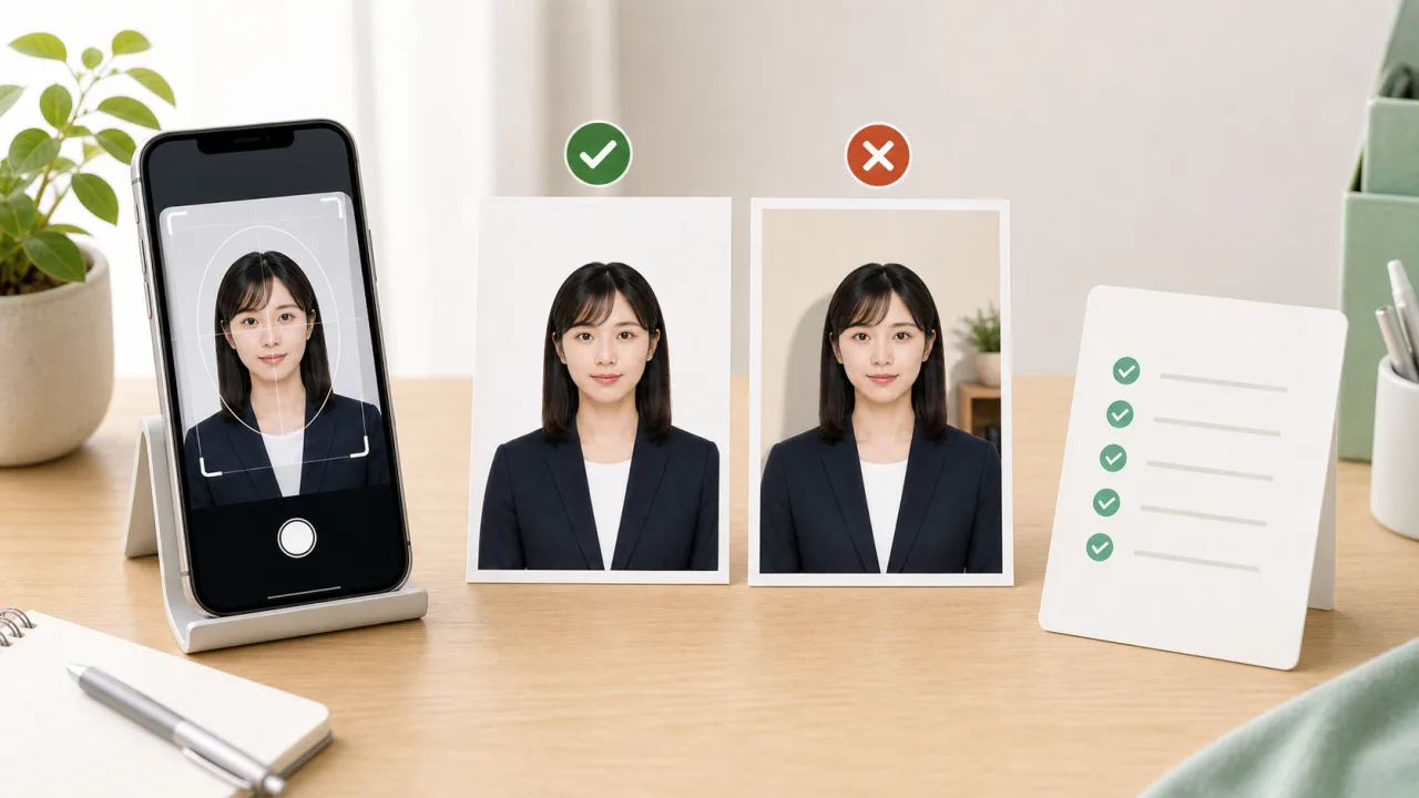 マイナンバー写真の無背景OK例と、影や家具が写るNG背景を比較して確認する様子