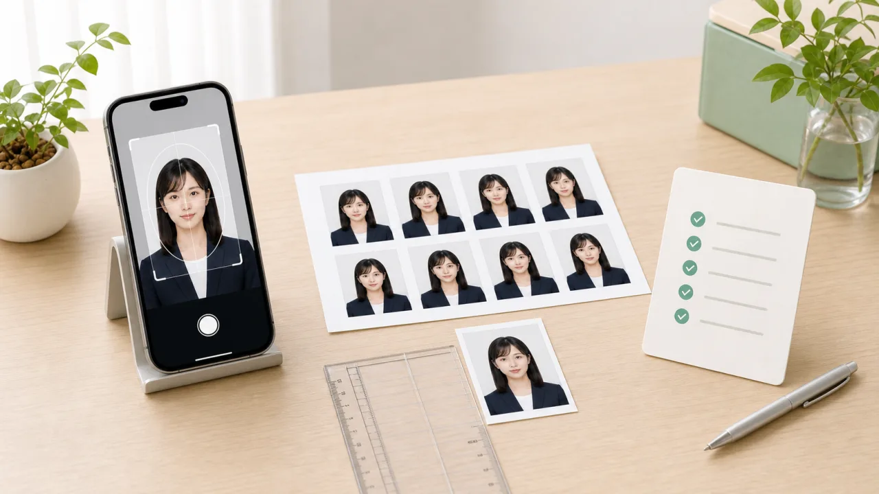 マイナンバーカード写真サイズの45×35mm、顔位置、オンライン申請用データをスマホと定規で確認する様子