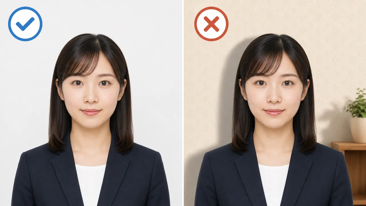 マイナンバーカード写真の白い無地背景と影や家具が写るNG背景を比較した図解