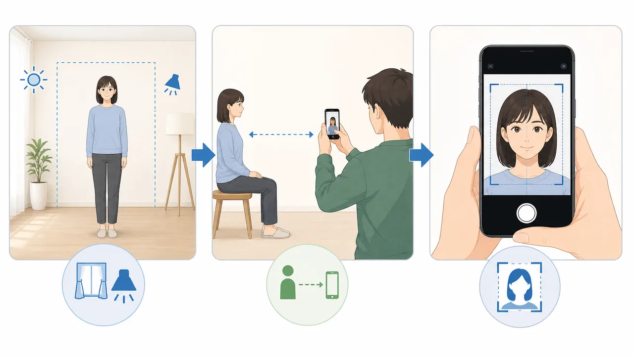 スマホでマイナンバーカード写真を撮影し、確認、調整、JPEG保存する流れの図解