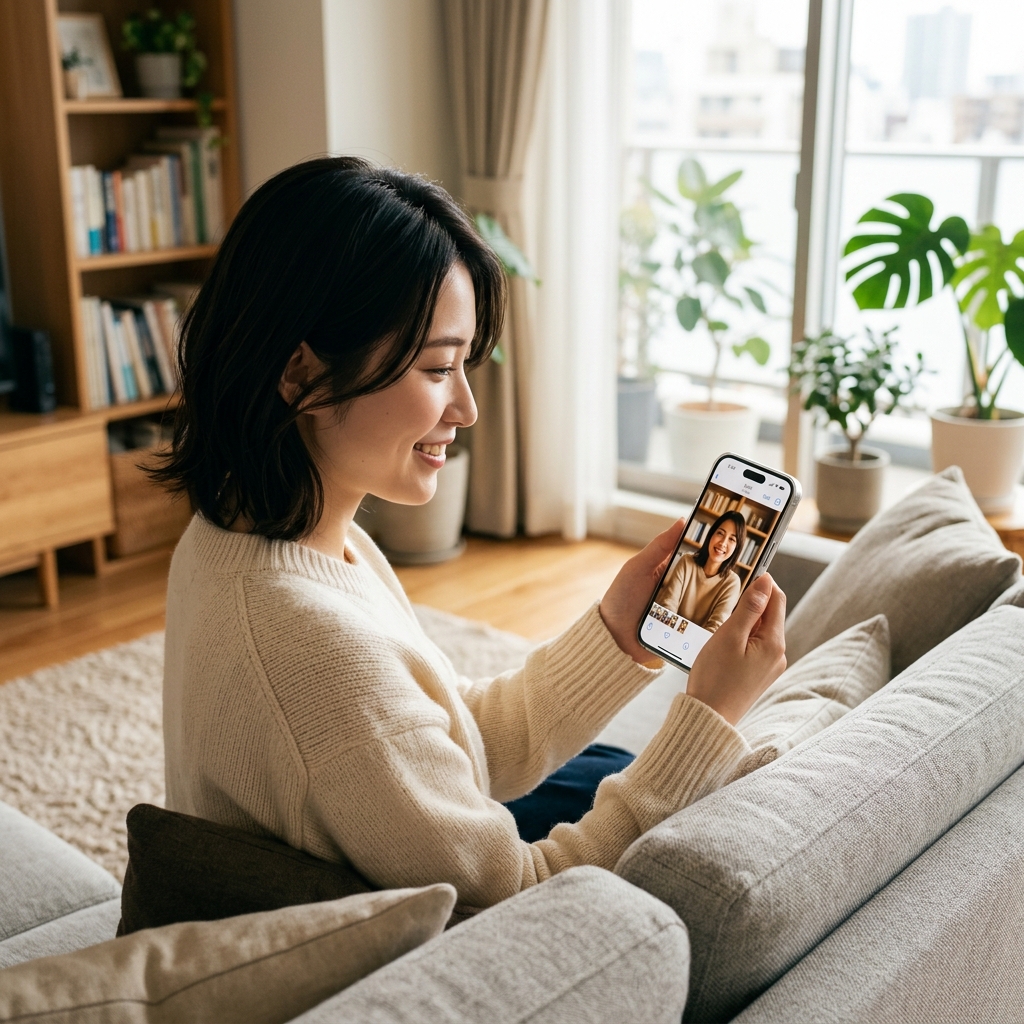 自宅でスマホを使ってマイナンバーカード用の写真を準備する日本人女性