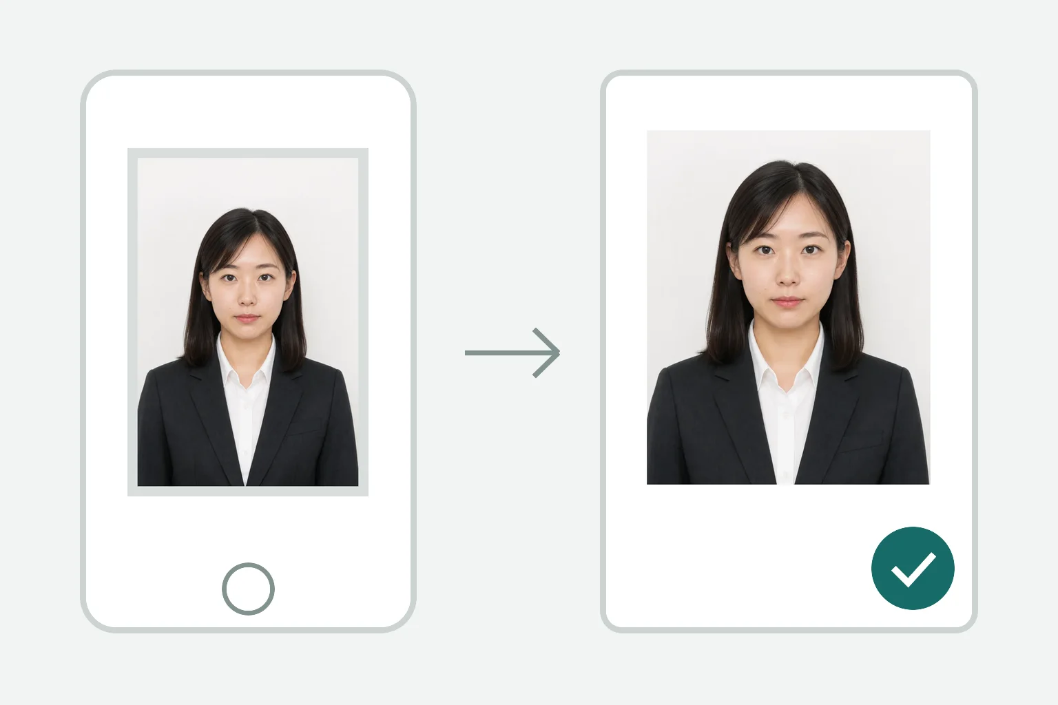 スーツ姿の若い日本人の元写真を衛生管理者試験用のオンライン申込写真へ整えるイメージ