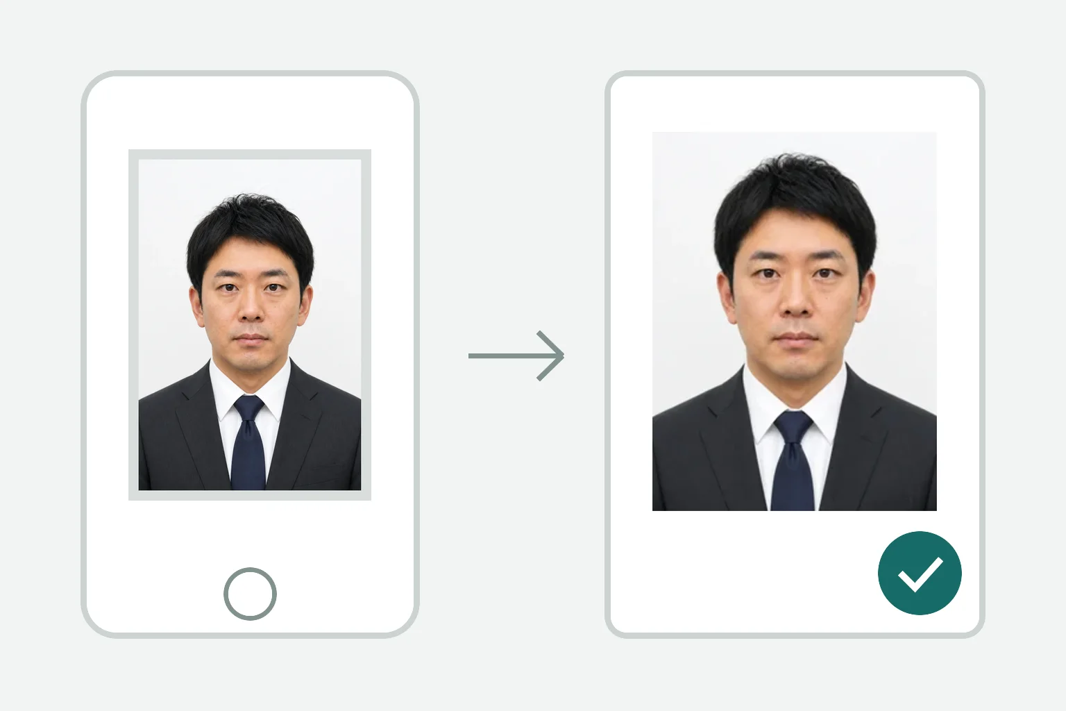 A Japanese man in a suit shown from source photo to administrative scrivener online application photo
