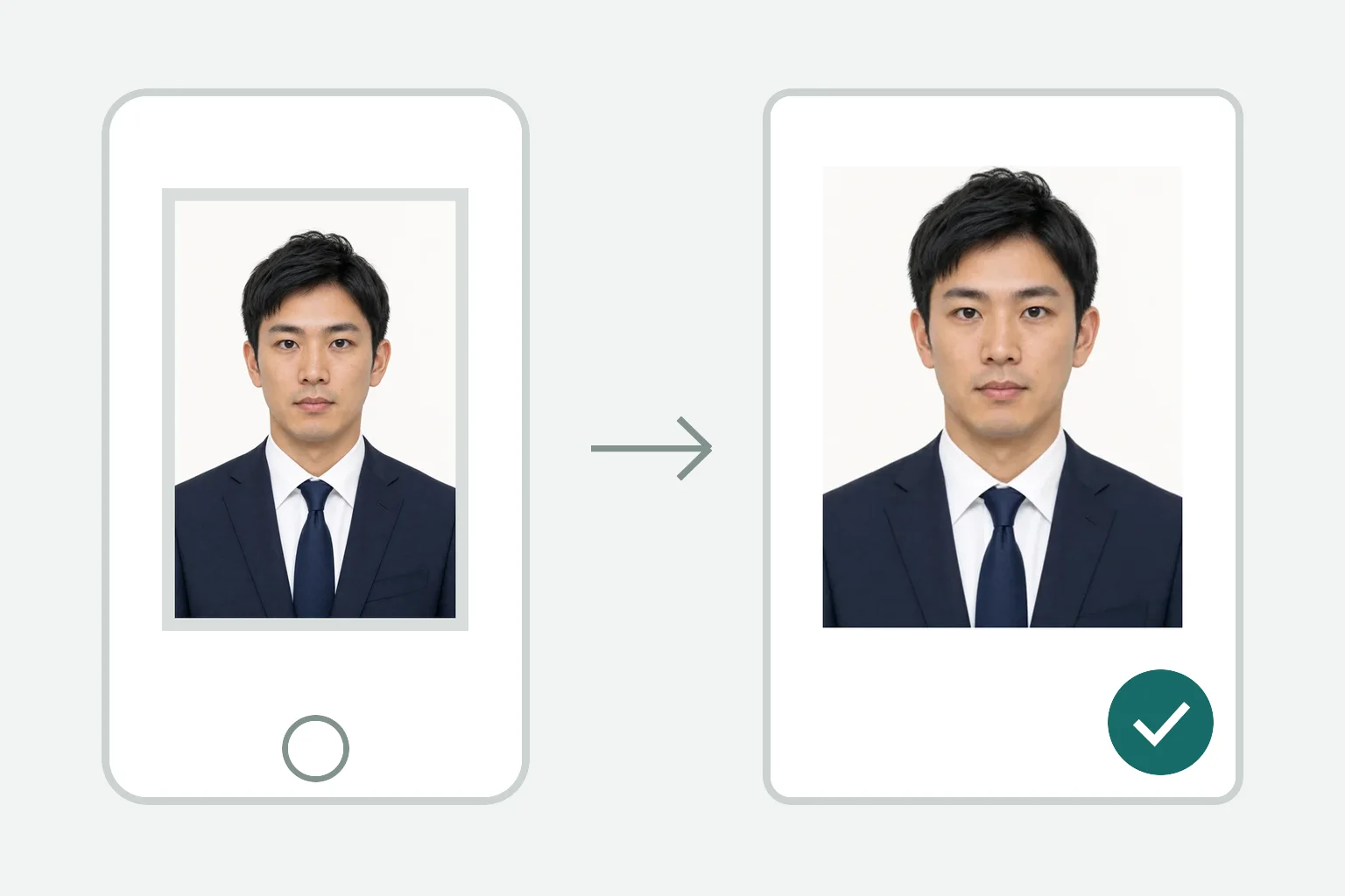 A young Japanese applicant in a suit shown from source photo to building construction management exam online application photo