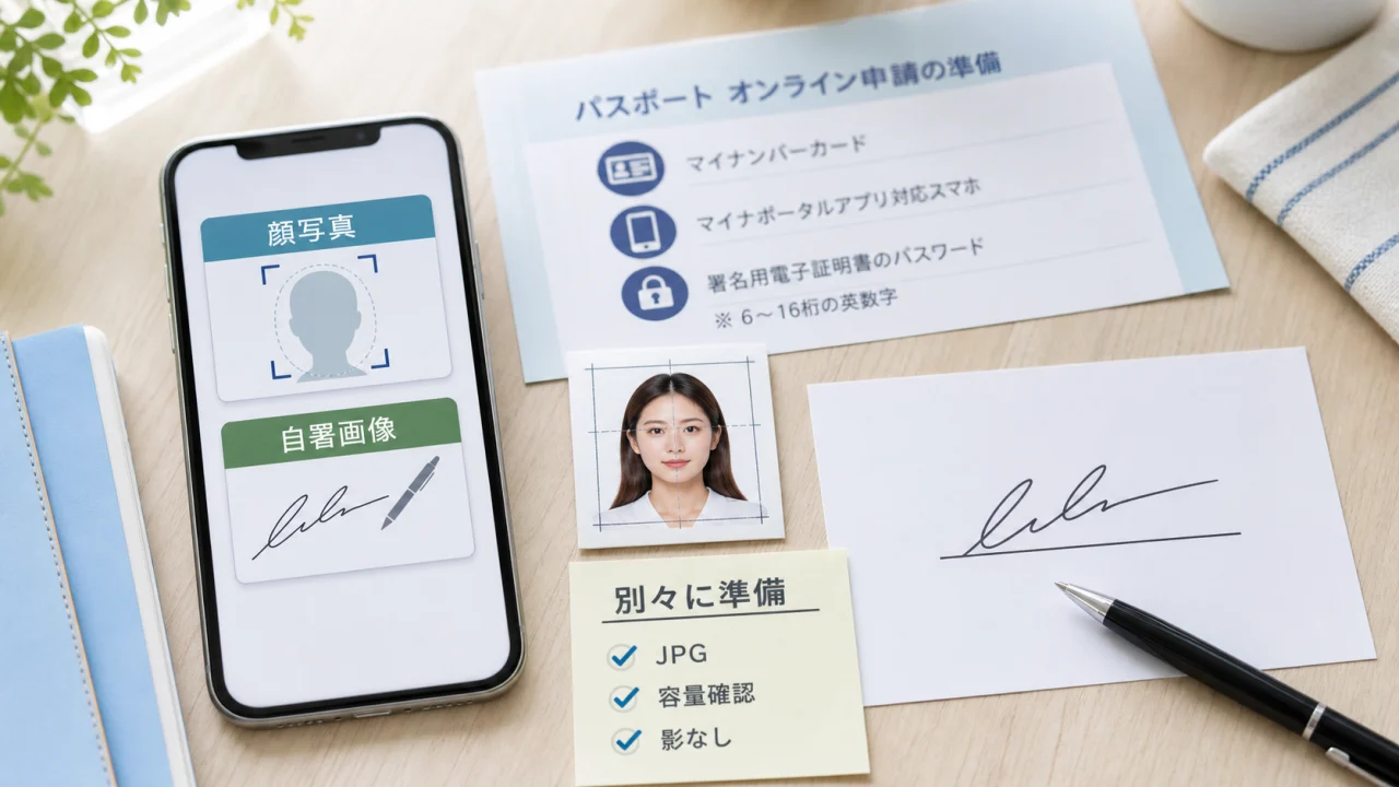 パスポートオンライン申請用の顔写真と自署画像を別々に準備するイメージ