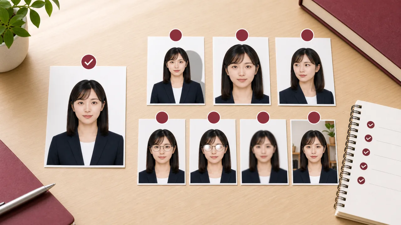 パスポート写真のOK例とNG例を並べ、影、背景、顔位置の違いを確認する図解