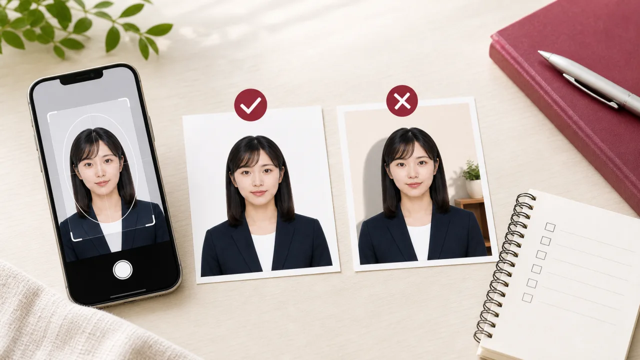 パスポート写真の白背景OK例と、影や壁紙がある背景NG例を比較する図解