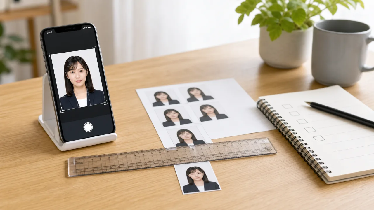 パスポート写真サイズの45×35mm、顔の大きさ、頭上余白をスマホと定規で確認する図解