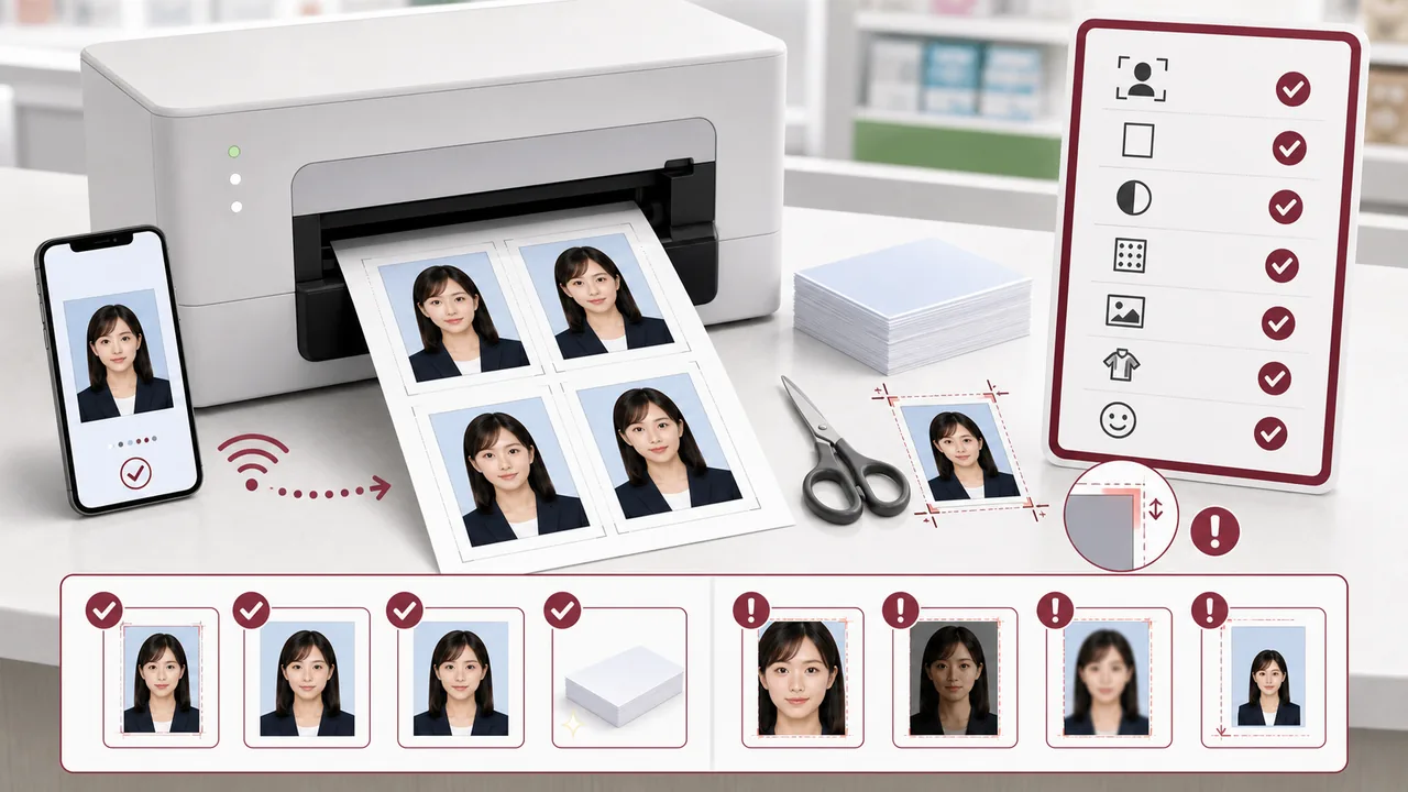コンビニ印刷用にパスポート写真をL判へ配置し、余白と切り出しを確認する図解