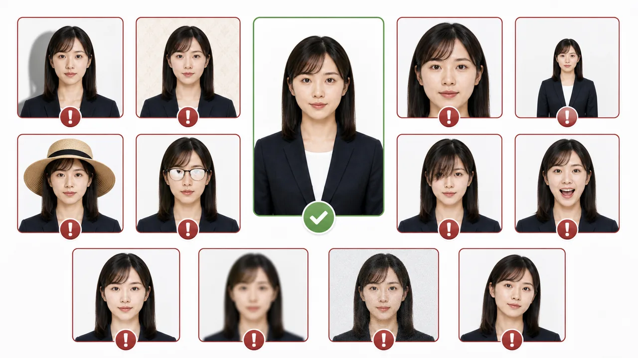 パスポート写真の影、背景、顔サイズ、帽子、メガネ、加工などのNG例を比較する図解