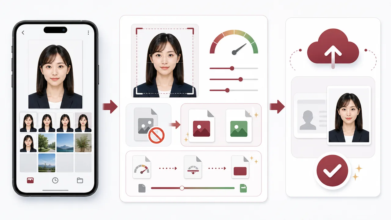 スマホ写真をオンライン申請用JPGに変換してアップロード前に確認する流れの図解