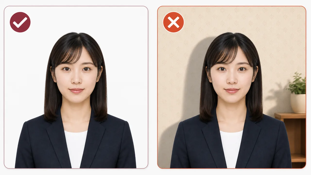 パスポート写真の白背景OK例と影や家具があるNG例を比較する図解