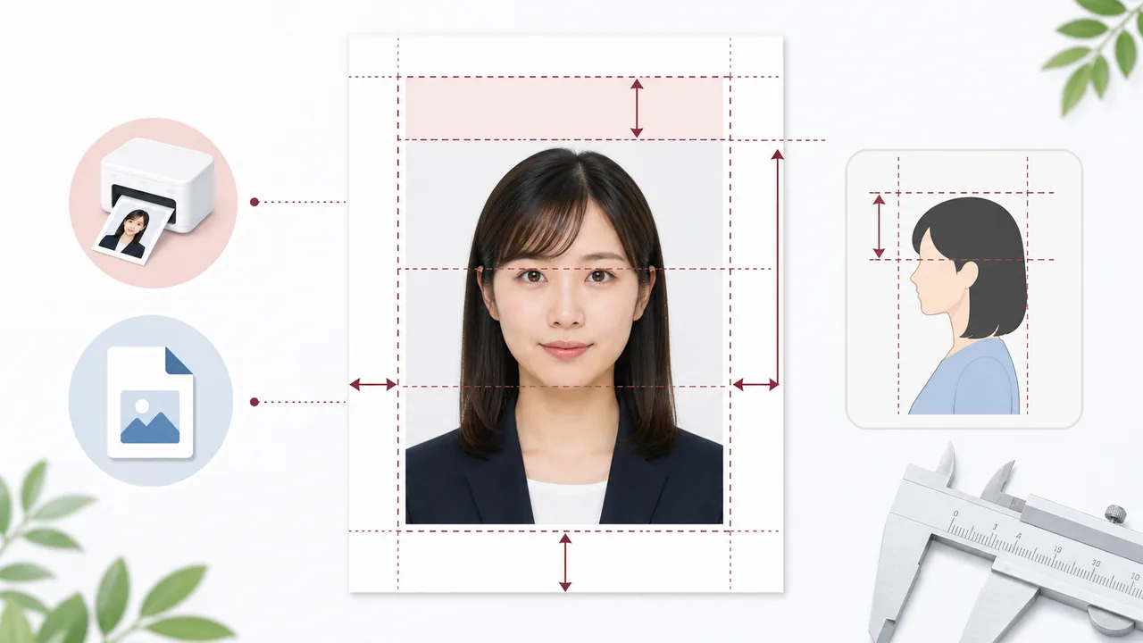 パスポート写真の45mm×35mm、顔の大きさ、頭上余白を示す図解