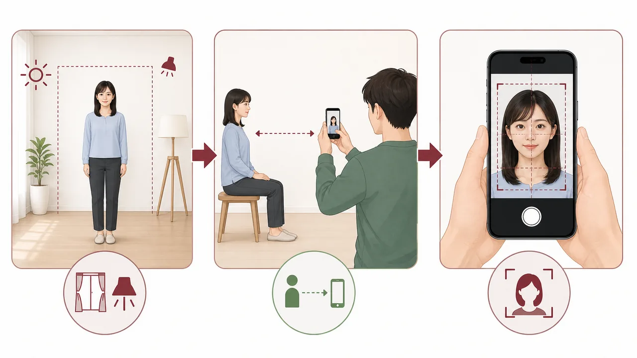 スマホでパスポート写真を撮るための背景準備、撮影、確認ステップの図解