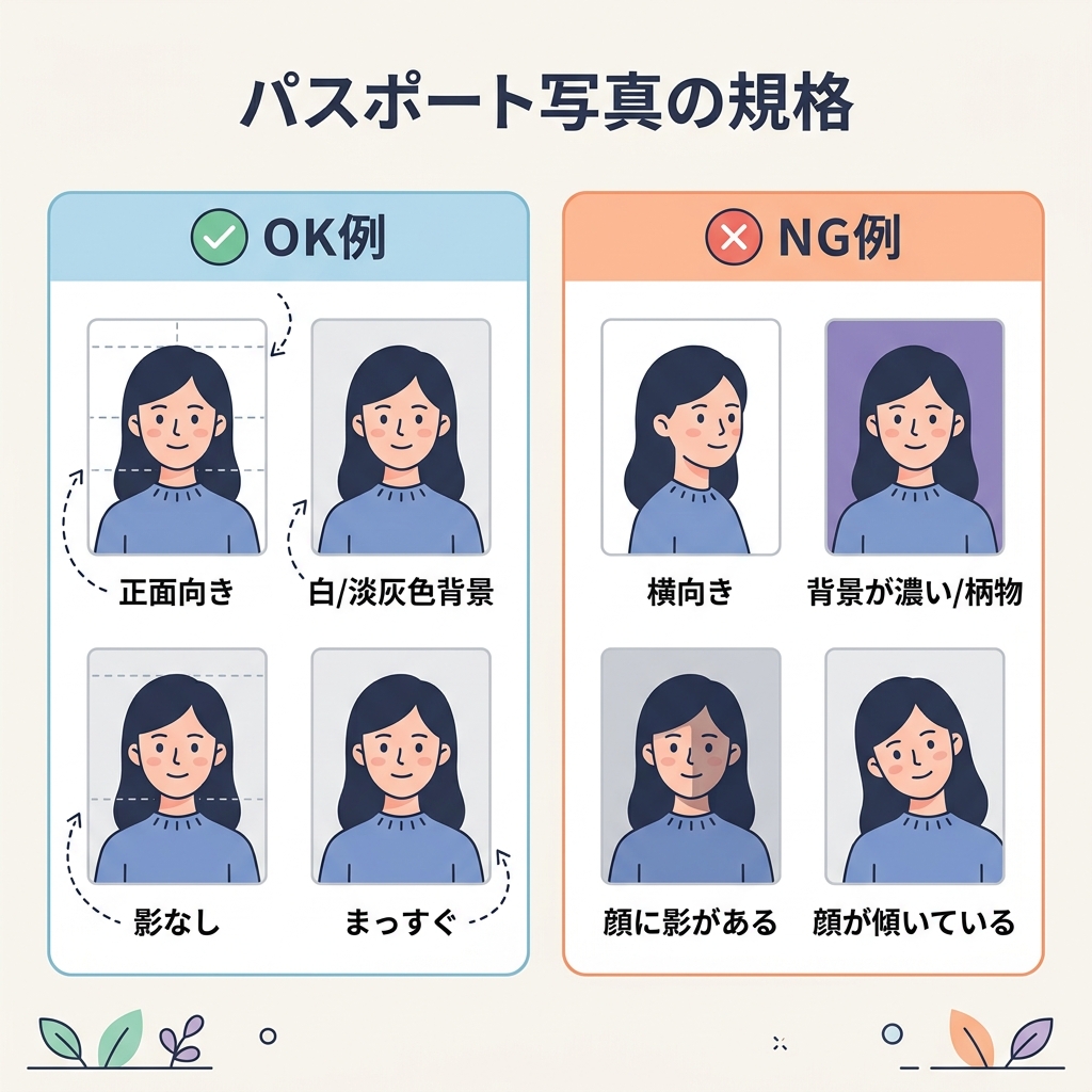 パスポート写真のOK例とNG例の規格解説イラスト。正面向き・影なしがOK、横向き・顔に影がある・傾いているなどがNG