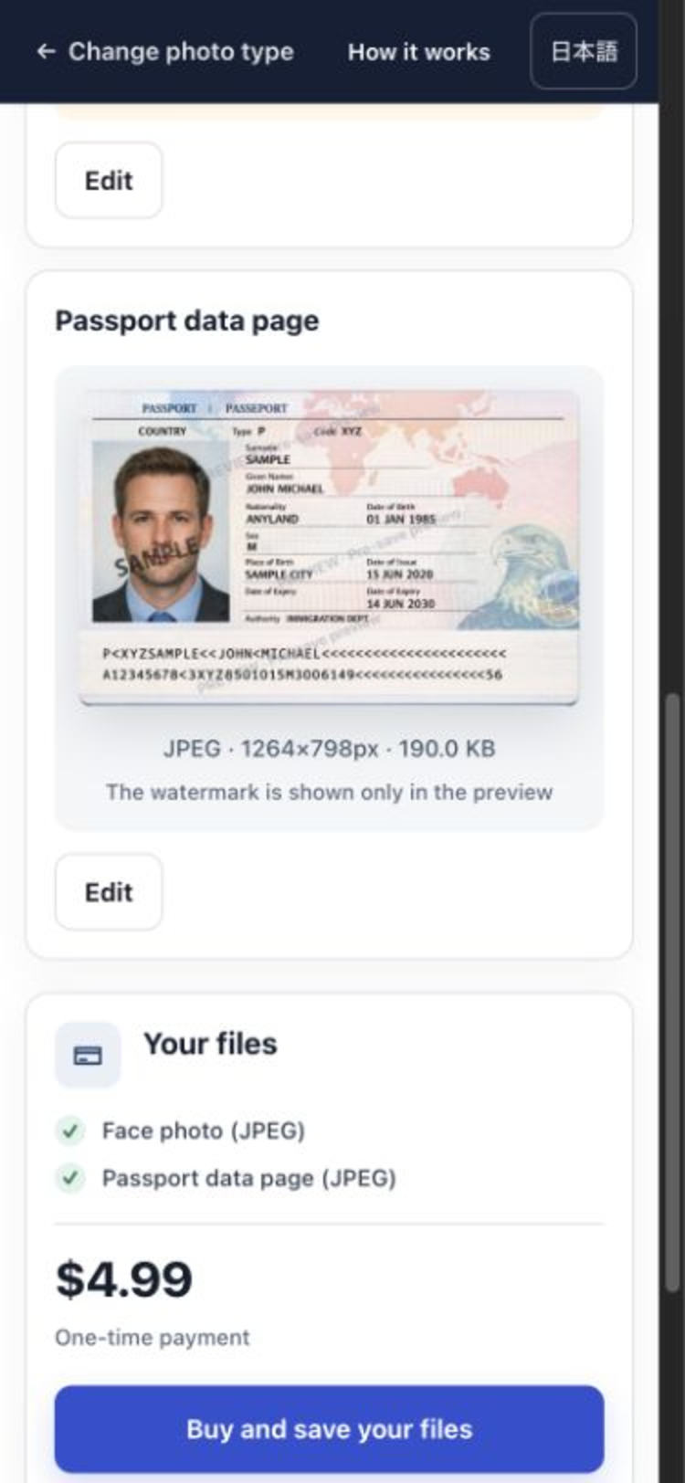A mobile payment review screen showing the price, one-time purchase, on-device processing, and consent.