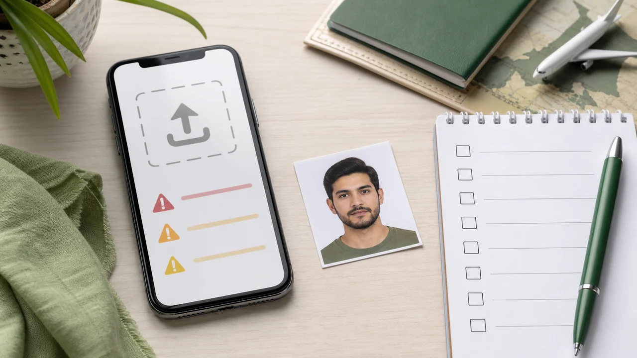 スマートフォンのアップロード画面とチェックリスト、正方形写真